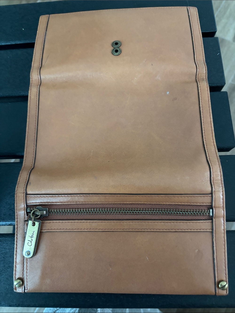 Tan Leather Wallet Clutch with Zipper Pocket